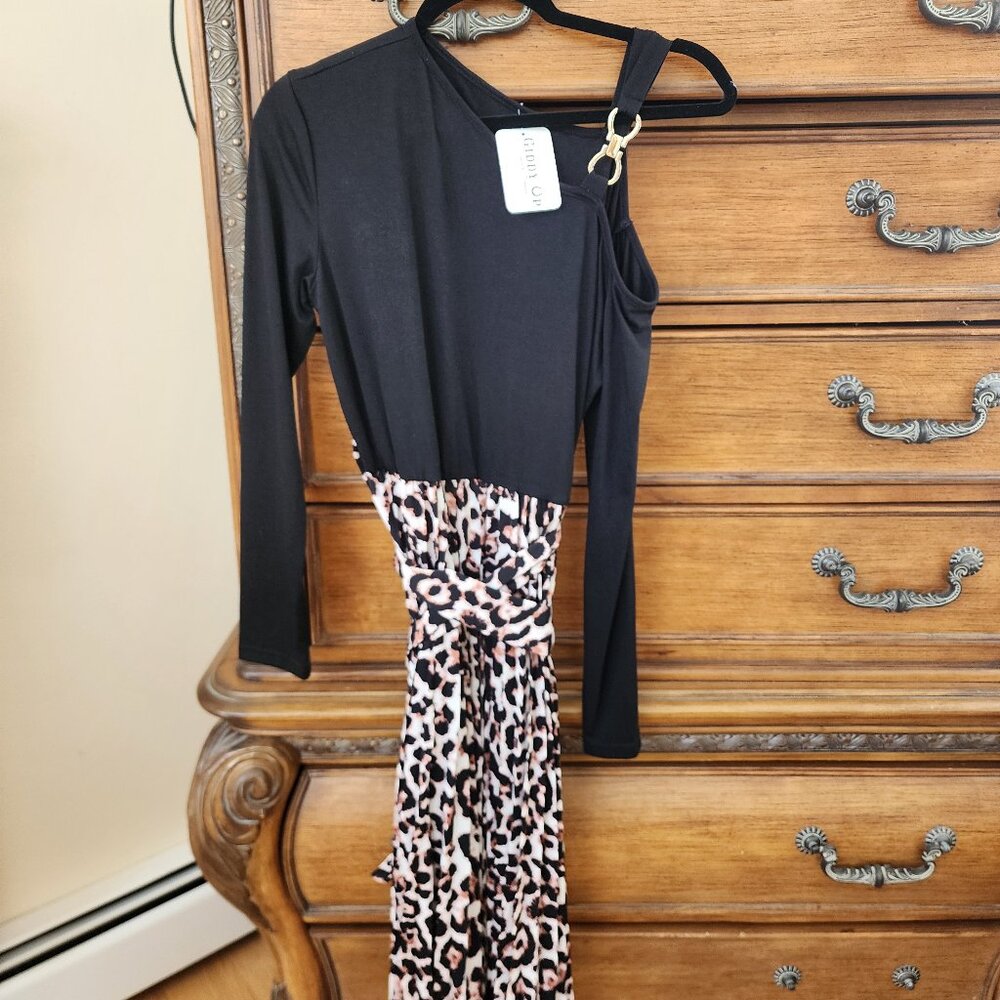 Black Asymmetric Shoulder Leopard Belted Dress